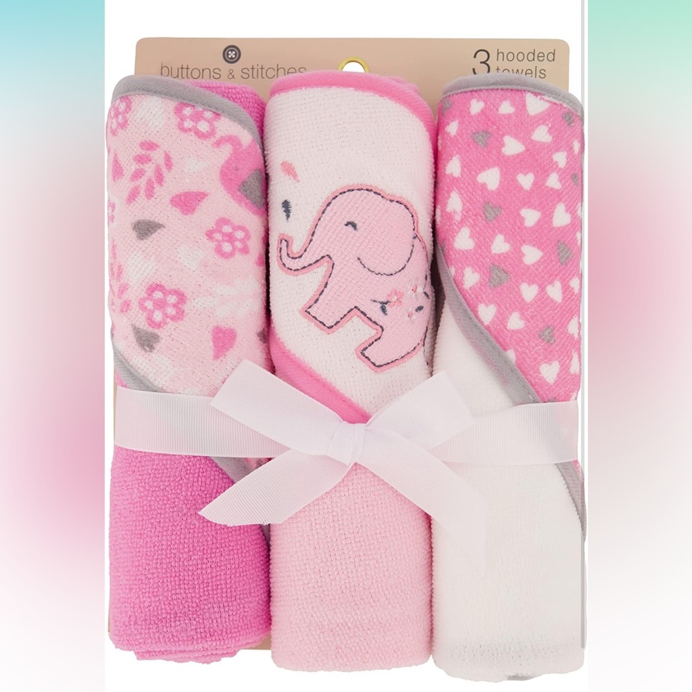 Cudlie Buttons & Stitches Baby Girl 3 Pack Hooded Towels Blooming Elephant Print